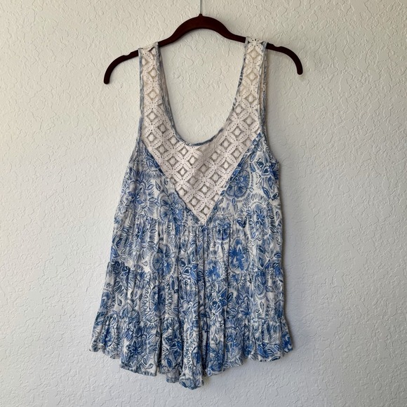 Free People Tops - Free People Tank Top Small Floral Linen Cotton Tiered Lace Boho Blue White Beach